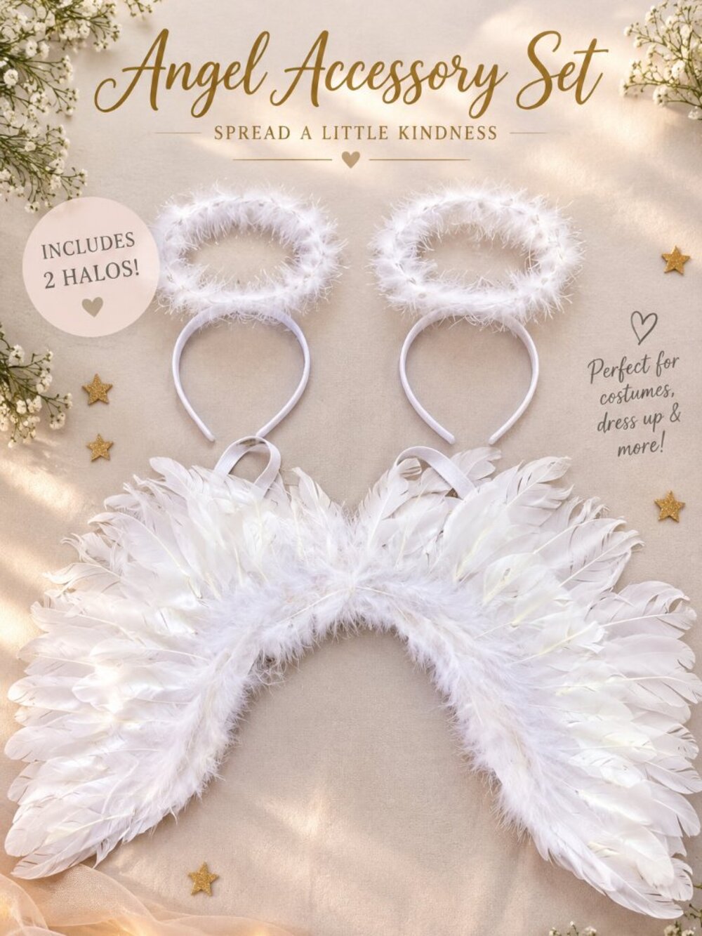 Kids Angel Costume Wings Feather Halo Headbands Set White Halloween